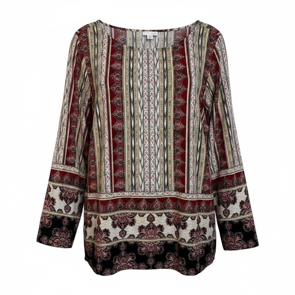 J. Jill Burgundy, Cream & Black Printed Boho Tunic
